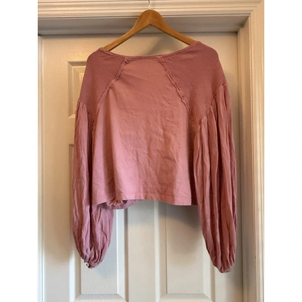 Free People Arlo Top Women Medium Pink Balloon Sleeve Boho Cropped OB1783469